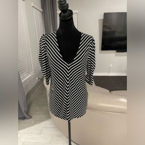 FRAME Women's Black Chevron Stripe Puff-sleeve Shirred Top L